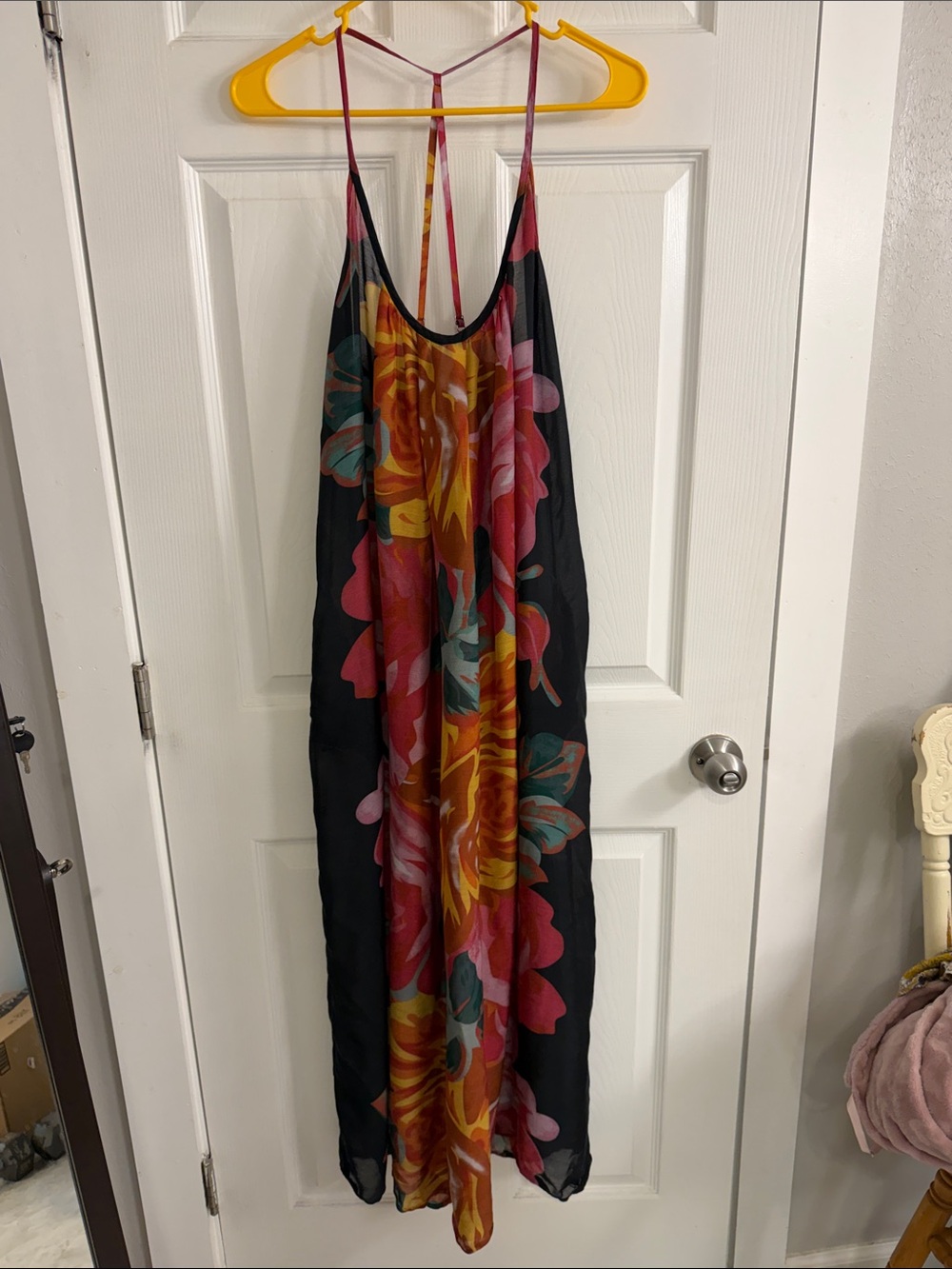 Source Unknown Black Maxi Dress with Multicolor Floral Panel